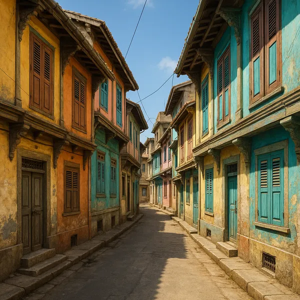 Try solving a puzzle that shows a sunlit, narrow street lined with charming, weathered townhouses painted in warm ochres, teal blues, and soft pastels.