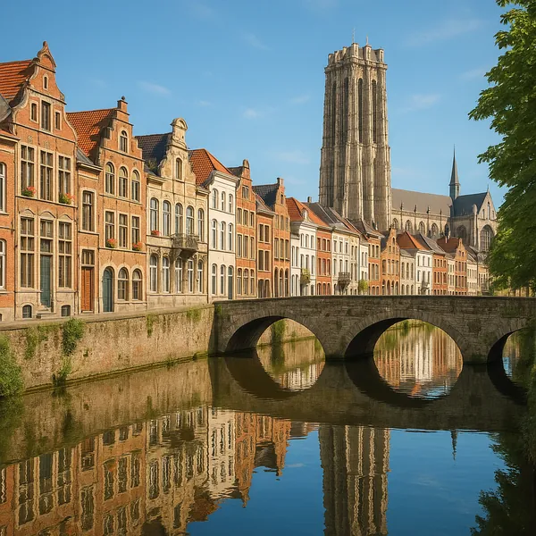 Discover a puzzle with a sunlit European canal scene on PuzzleFree.Game, showcasing rows of warm brick gabled houses, a graceful stone bridge with three arches,
