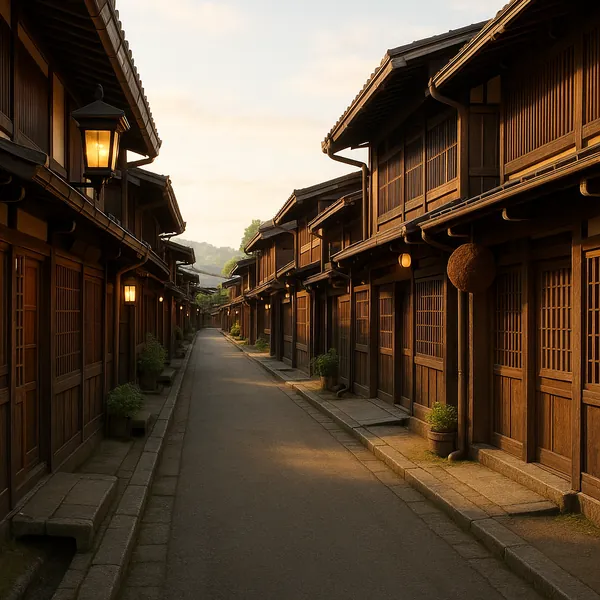 Discover a puzzle with a tranquil, narrow street lined by traditional wooden Japanese buildings bathed in warm golden light, softly glowing lanterns, and neat p