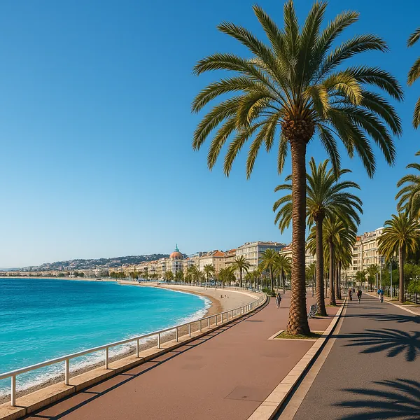 Discover a puzzle with a sunlit Mediterranean promenade lined with tall palm trees, a turquoise sea lapping a sandy curve, and elegant seaside buildings under a