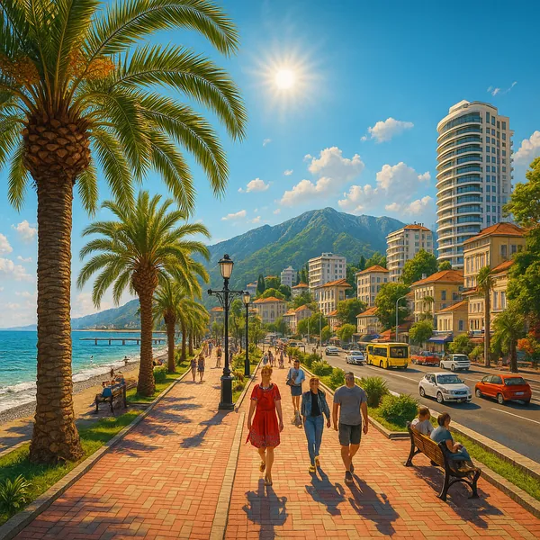Discover a puzzle with a sunlit seaside promenade lined with tall palm trees, warm terracotta rooftops, and a sparkling turquoise sea against a backdrop of gree