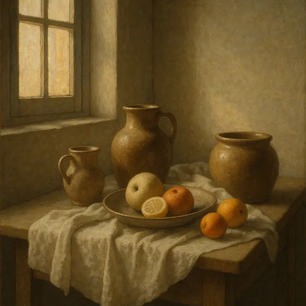 Discover a puzzle with a serene still-life scene of rustic earthenware jugs and a shallow bowl of fruit set on a draped wooden table by a softly glowing window.
