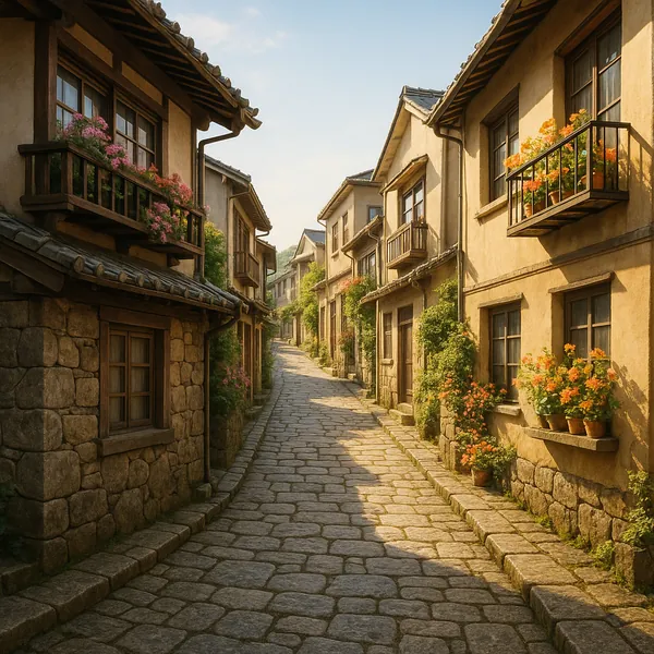 Discover a puzzle with a sunlit cobblestone lane winding through a quaint village lined with stone and stucco houses.