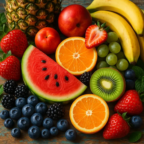 Discover a puzzle with a vibrant still-life of fresh fruit: juicy watermelon, bright orange slices, green kiwi, sunny bananas, ripe strawberries, plump blueberr