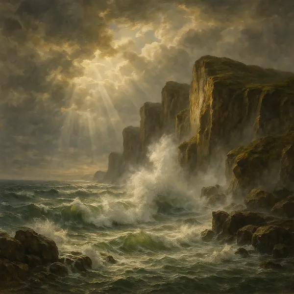 Discover a puzzle with a dramatic seascape showing towering, weather-worn cliffs and foaming waves crashing against rocky shores under a brooding, cloud-filled