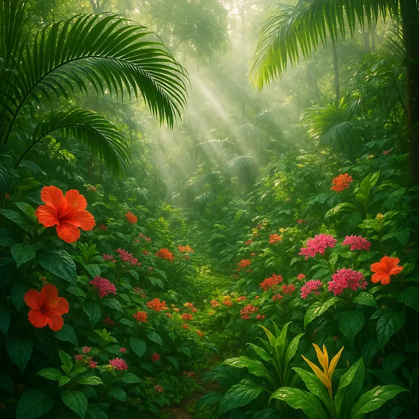 Discover a puzzle with a sunlit tropical jungle path framed by lush green foliage and vivid blooms — deep emerald palms and ferns create a verdant canopy while