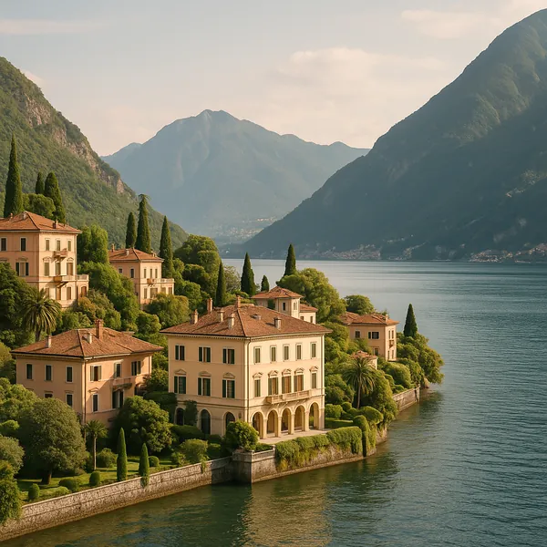 Discover a puzzle with charming lakeside villas nestled among cypress trees and lush gardens beside a serene blue lake, framed by towering, misty mountains.