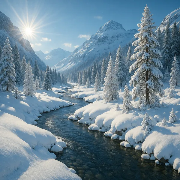 Discover a puzzle with a sunlit winter river winding through a snow-blanketed valley, framed by frosted pine trees and majestic blue-gray mountains.