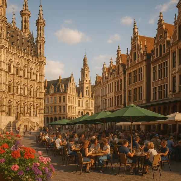 Discover a puzzle with a sunlit European square lined by ornate historic buildings and a bustling outdoor café.