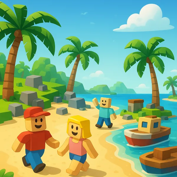 Discover a puzzle with a cheerful toy-like beach scene featuring blocky, smiling characters strolling along a sandy shore.