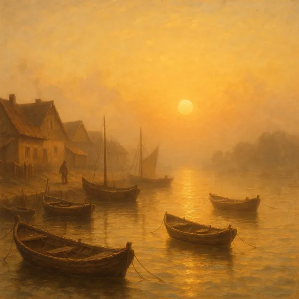 Discover a puzzle with a tranquil golden harbor scene at sunrise, where wooden rowboats and small sailboats drift gently on reflective water beneath a soft, glo