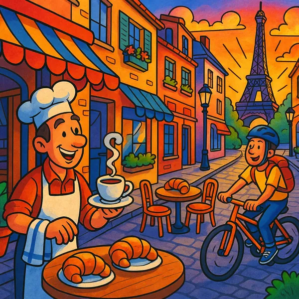 Enjoy assembling a puzzle depicting a charming Parisian street scene with a smiling baker offering steaming coffee and golden croissants as a cyclist pedals by
