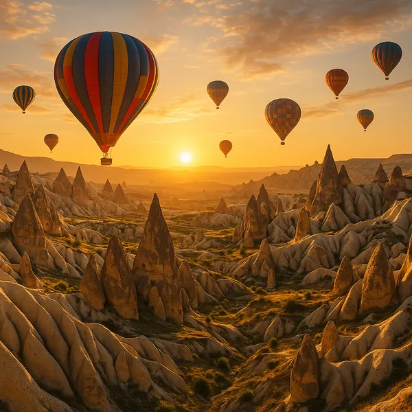 Discover a puzzle with colorful hot air balloons drifting above a rugged, fairy‑chimney valley at sunrise.