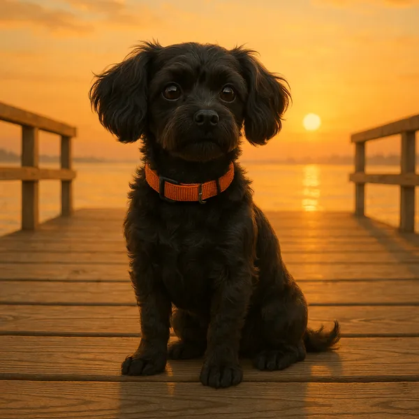 Discover a puzzle with a lovable black puppy sitting on a wooden dock as the sun melts into the horizon.