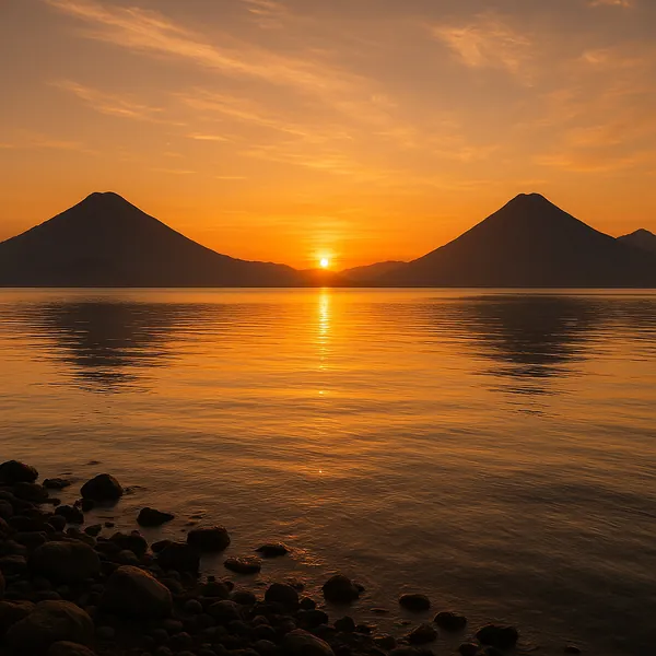 Discover a puzzle with a golden sunset over a tranquil lake, where the sun slips between two dark mountain silhouettes and paints the sky in warm orange and amb