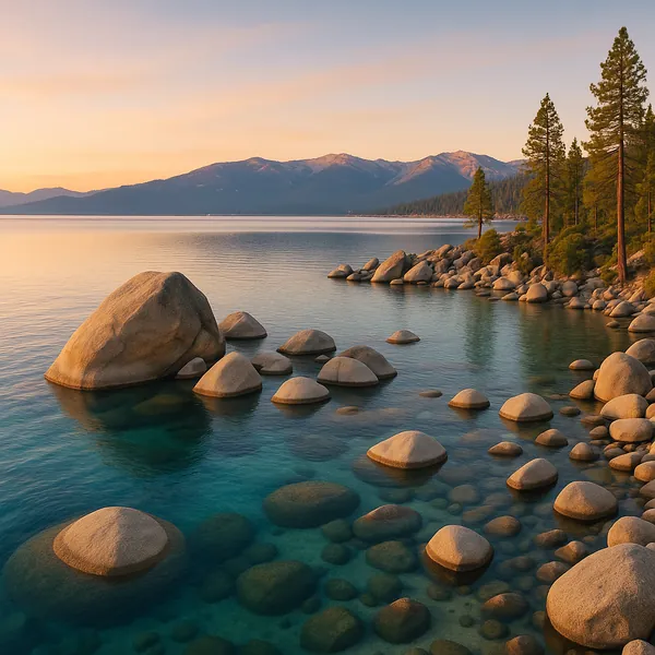 Discover a puzzle with a serene lakeshore at sunset, where smooth granite boulders emerge from crystal-clear turquoise water against a backdrop of distant blue