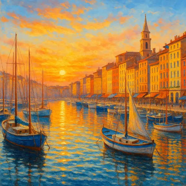Discover a puzzle with a sunlit Mediterranean harbor at dusk, where rows of colorful waterfront buildings and a church steeple glow in warm oranges and golds.