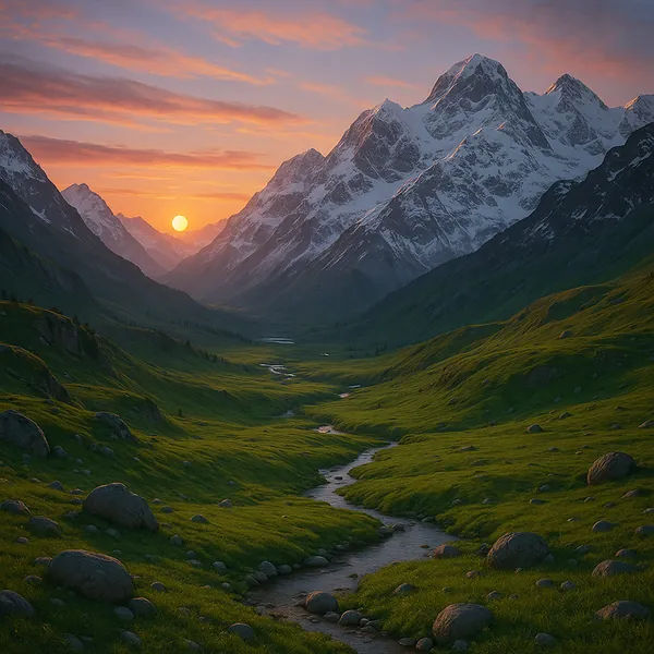 Discover a puzzle with a tranquil alpine valley at sunset, where a golden sun sinks between snow‑capped peaks and paints the clouds in warm pinks and oranges.