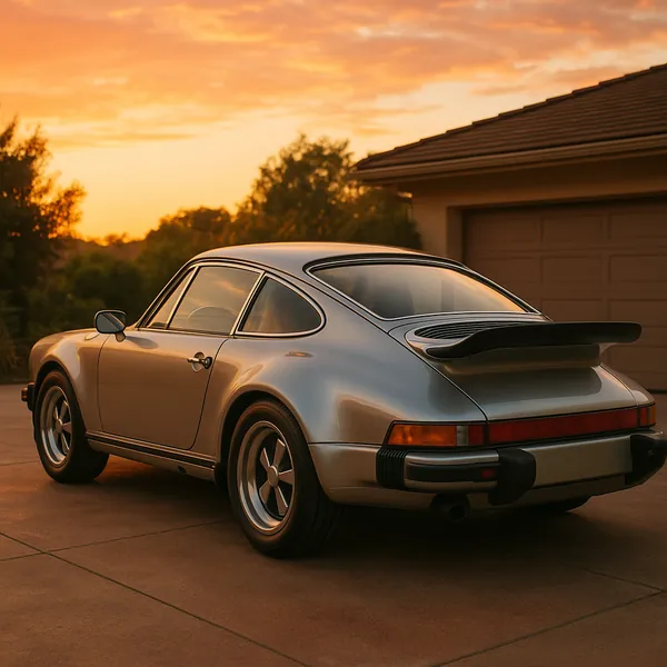 Discover a puzzle with a gleaming classic sports car parked in a quiet driveway at sunset.
