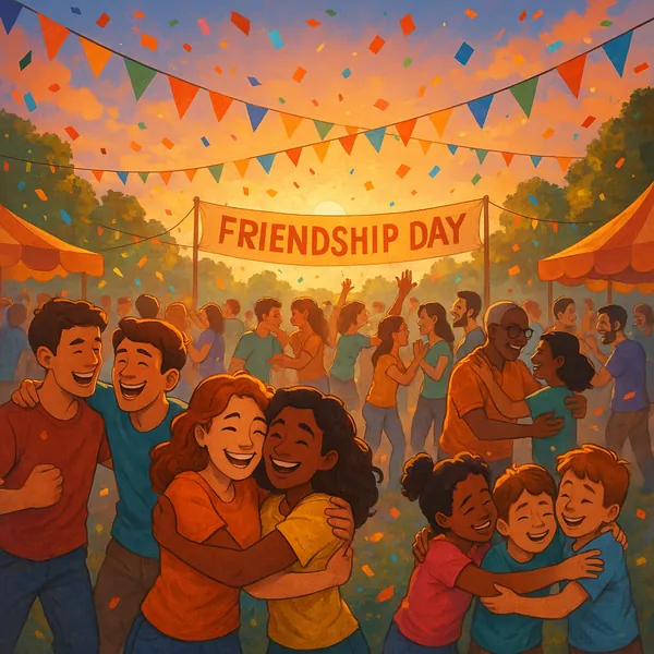 Enjoy assembling a puzzle depicting a colorful Friendship Day festival at golden hour, with warm oranges, soft pinks, and playful confetti filling the sky.