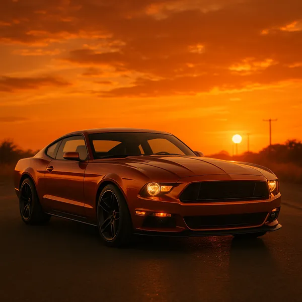 Discover a puzzle with a sleek muscle car parked on a quiet road at sunset, its glossy orange-red paint reflecting the warm, golden sky.