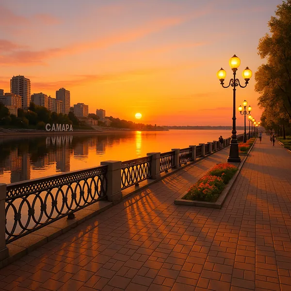 Discover a puzzle with a golden-hour riverside promenade at sunset, where warm orange and pink skies reflect on calm water beside a graceful city skyline.