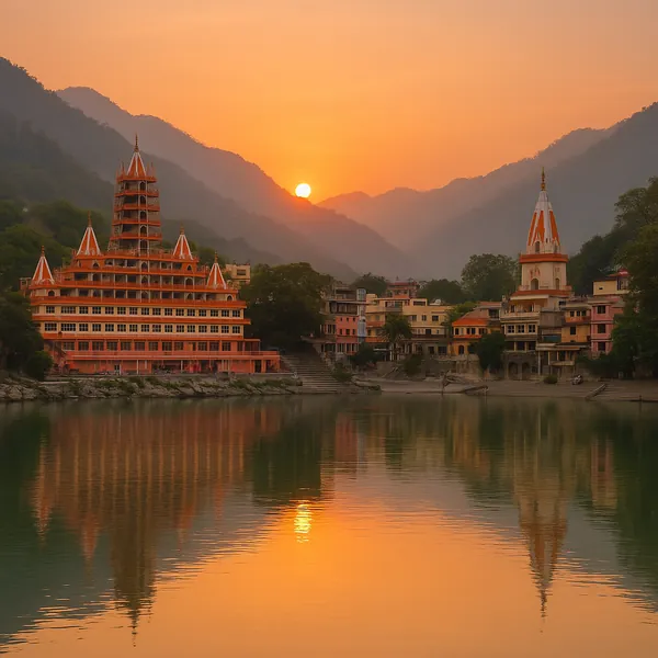 Discover a puzzle with a serene riverside temple town at sunset, where tiered orange and white spires sit against misty blue-green mountains and a glowing golde
