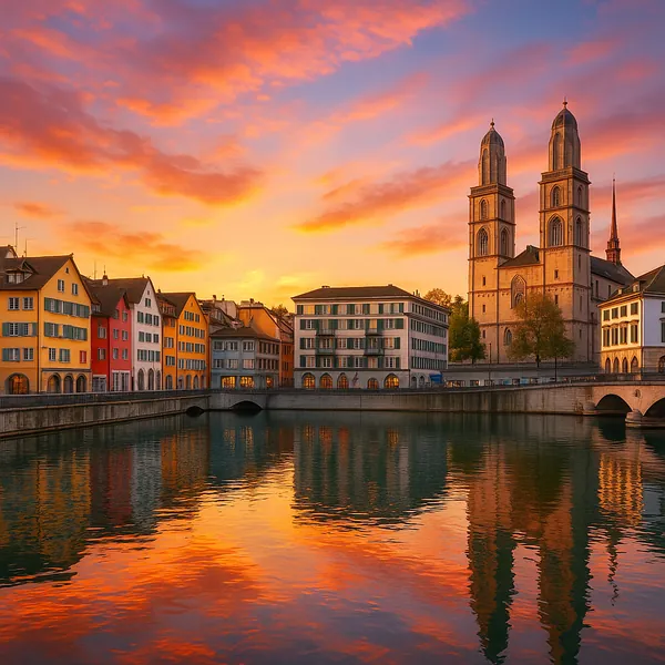 Discover a puzzle with a charming riverside cityscape at sunset, showing colorful row houses and a grand cathedral with twin towers reflected in calm water.