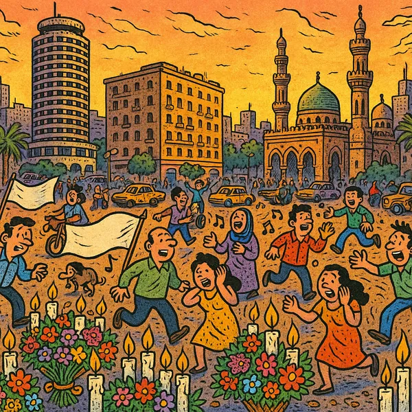 Discover a puzzle with a lively, illustrated city square at sunset, where warm orange and golden skies wash over a mosque with tall minarets, rounded modern bui