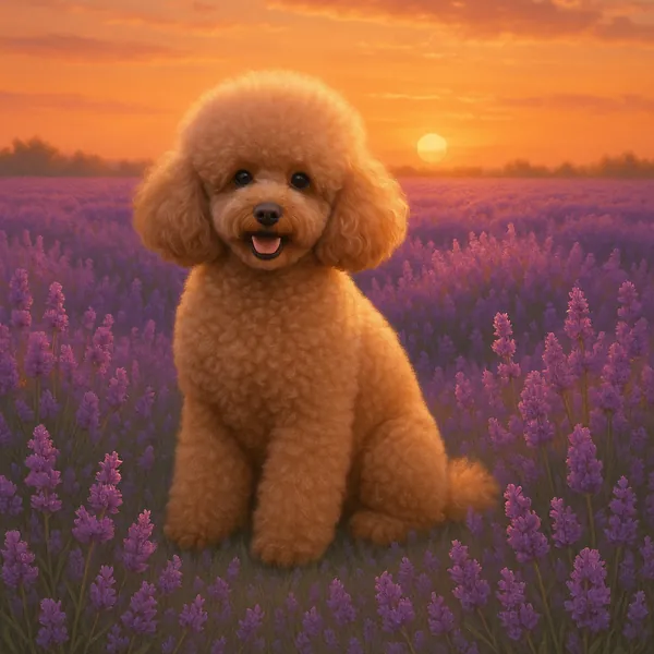 Enjoy assembling a puzzle depicting a fluffy apricot poodle sitting amid a vast lavender field at sunset on PuzzleFree.Game.
