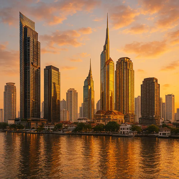 Discover a puzzle with a golden city skyline at sunset, featuring sleek skyscrapers bathed in warm orange light and tall spires reflecting on a calm river.