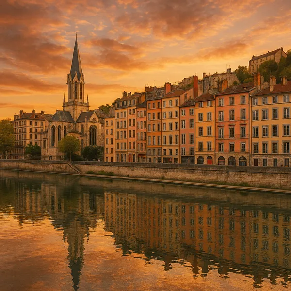 Discover a puzzle with a tranquil riverside scene: a row of warm, pastel townhouses and a graceful church spire reflected in glassy water beneath a glowing gold
