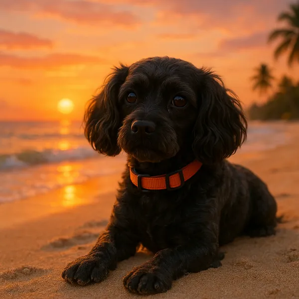 Discover a puzzle with an adorable black dog relaxing on a sandy beach at sunset, its glossy coat and bright orange collar warmed by the golden light.