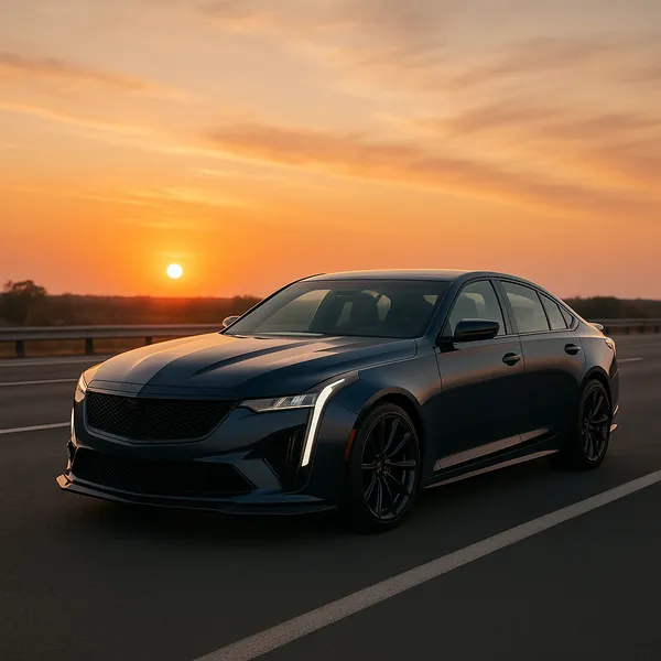 Discover a puzzle with a sleek dark sedan parked on an open highway as a golden sunset paints the sky in warm oranges and soft pinks — reflective car surfaces c