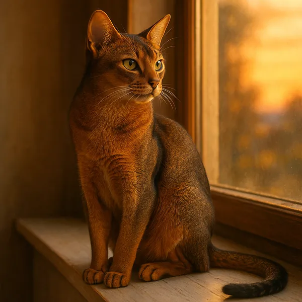 Discover a puzzle with a regal Abyssinian cat perched on a windowsill, bathed in warm amber and golden sunset light.