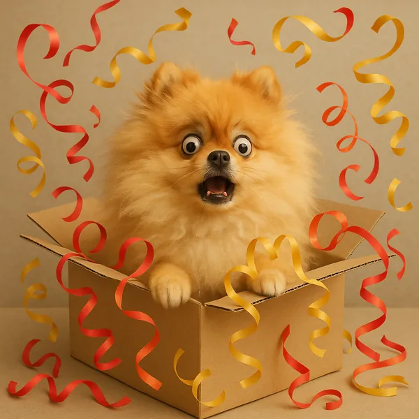 Discover a puzzle with an adorable fluffy Pomeranian peeking out of a cardboard box, surrounded by curly red and gold ribbons.