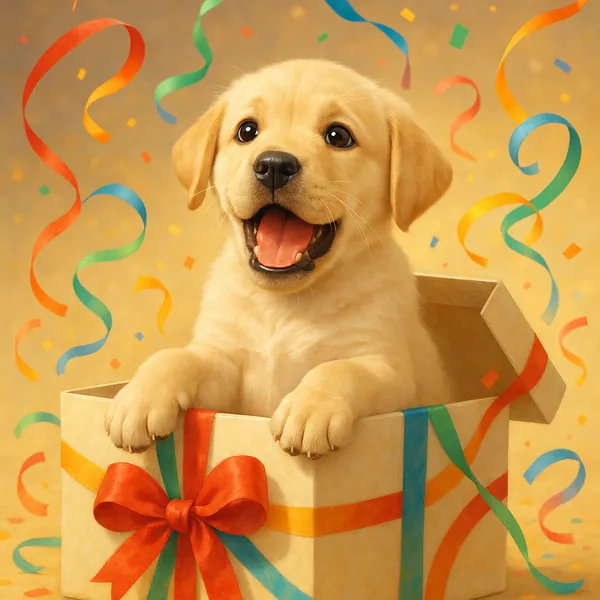 Discover a puzzle with an adorable golden Labrador puppy popping out of a gift box, its happy face and wagging paws surrounded by colorful curling ribbons and c