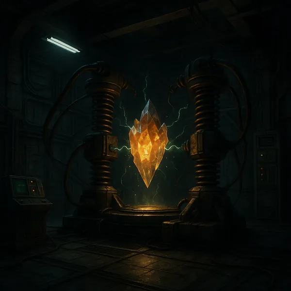 Discover a puzzle with a glowing amber crystal suspended in a shadowy, industrial lab — warm gold and deep teal tones contrast against textured metal machinery