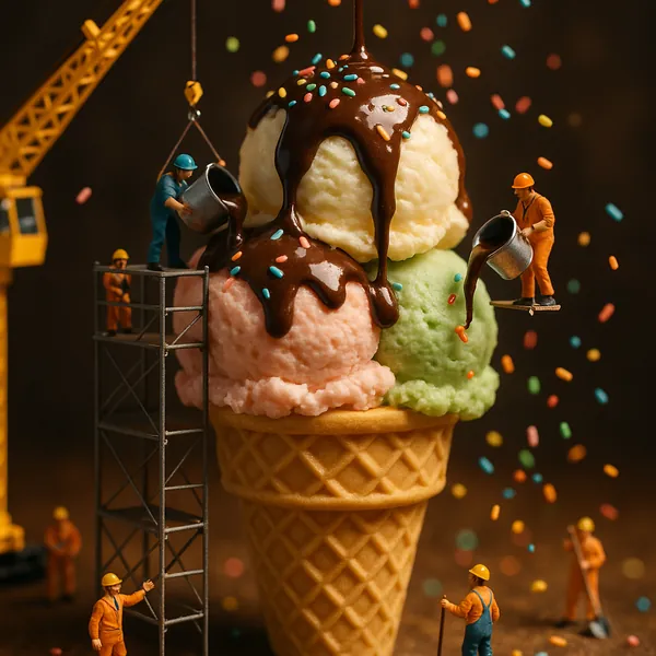 Discover a puzzle with a whimsical scene of tiny construction workers topping a triple-scoop ice cream cone — pastel scoops of strawberry pink, pistachio green,