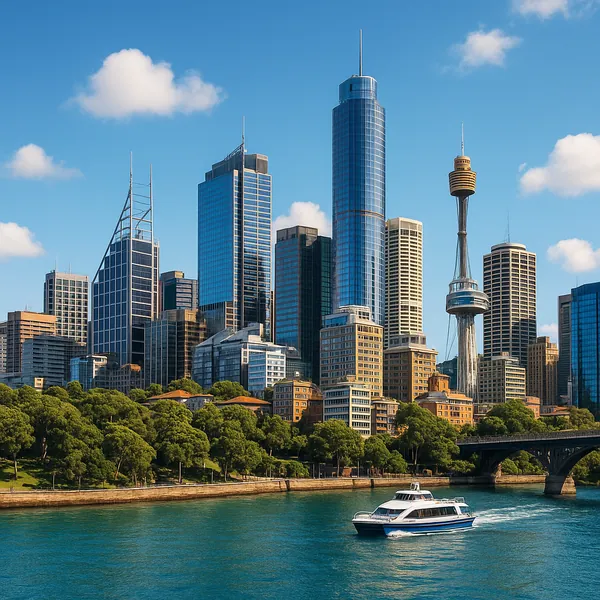 Discover a puzzle with a sunlit urban skyline set along a peaceful waterfront — gleaming glass skyscrapers and a slender observation tower rise above leafy gree