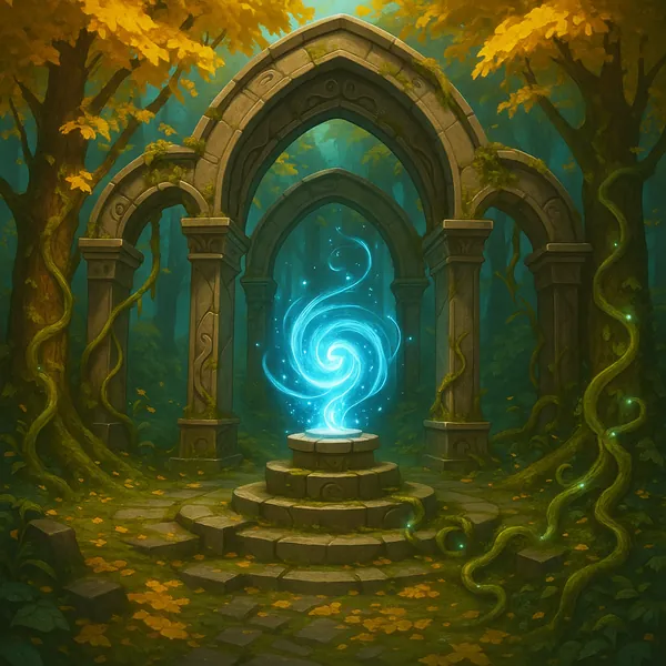 Discover a puzzle with a magical forest ruin: an ancient stone archway and moss-covered steps surround a swirling blue spirit of light.