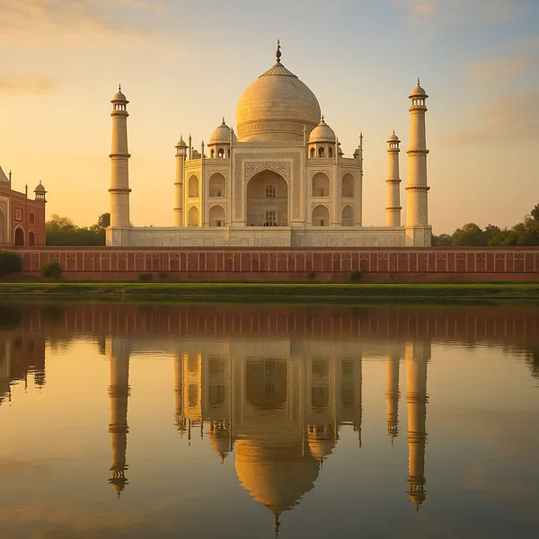 Discover a puzzle with the iconic white-marble mausoleum rising against a golden sunset, its domes and minarets perfectly mirrored in the calm river below.
