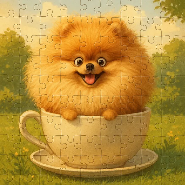 Enjoy assembling a puzzle depicting an adorable fluffy Pomeranian puppy sitting inside a teacup against a soft, sunlit meadow.