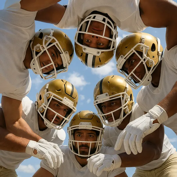 Discover a puzzle with a close-up huddle of American football players wearing gleaming gold helmets and white jerseys against a bright blue sky.