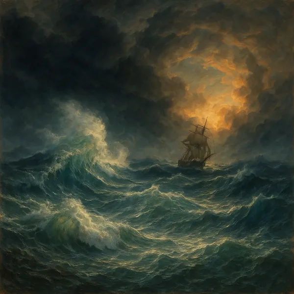 Discover a puzzle with a storm-tossed sailing ship braving towering ocean waves under a brooding, cloud-filled sky.