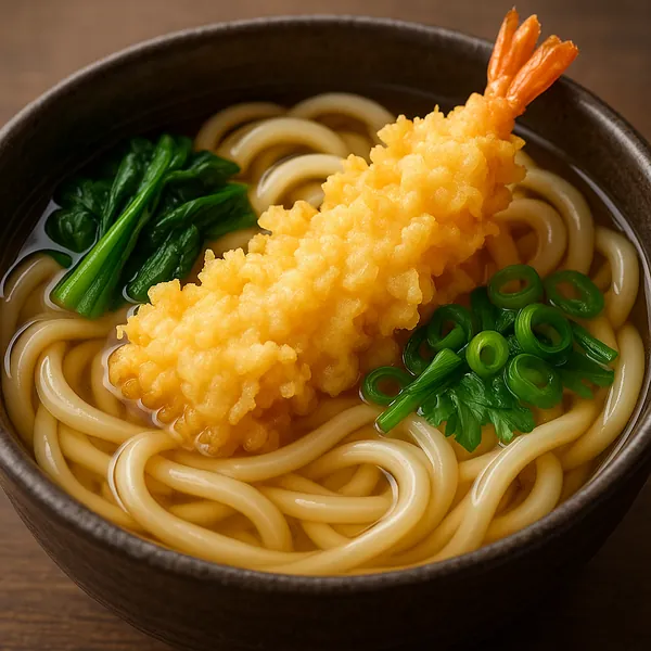 Discover a puzzle with a close-up of a steaming udon noodle bowl topped by a golden tempura shrimp, bright green scallions, and tender greens in a clear, savory