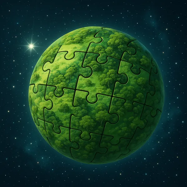 Discover a puzzle with a lush green planet made of interlocking jigsaw pieces, each piece textured like a canopy of trees against a deep teal, star-speckled spa