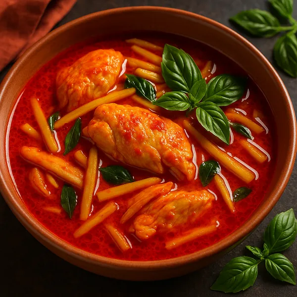 Discover a puzzle with a steaming bowl of tomato soup studded with tender pasta pieces and bright basil leaves.
