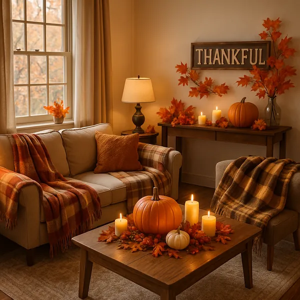 Discover a puzzle with a cozy autumn living room scene filled with warm oranges, soft browns, and creamy neutrals.
