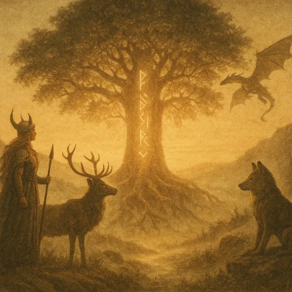 Enjoy assembling a puzzle depicting a misty fantasy scene centered on a great, ancient tree etched with glowing runes.